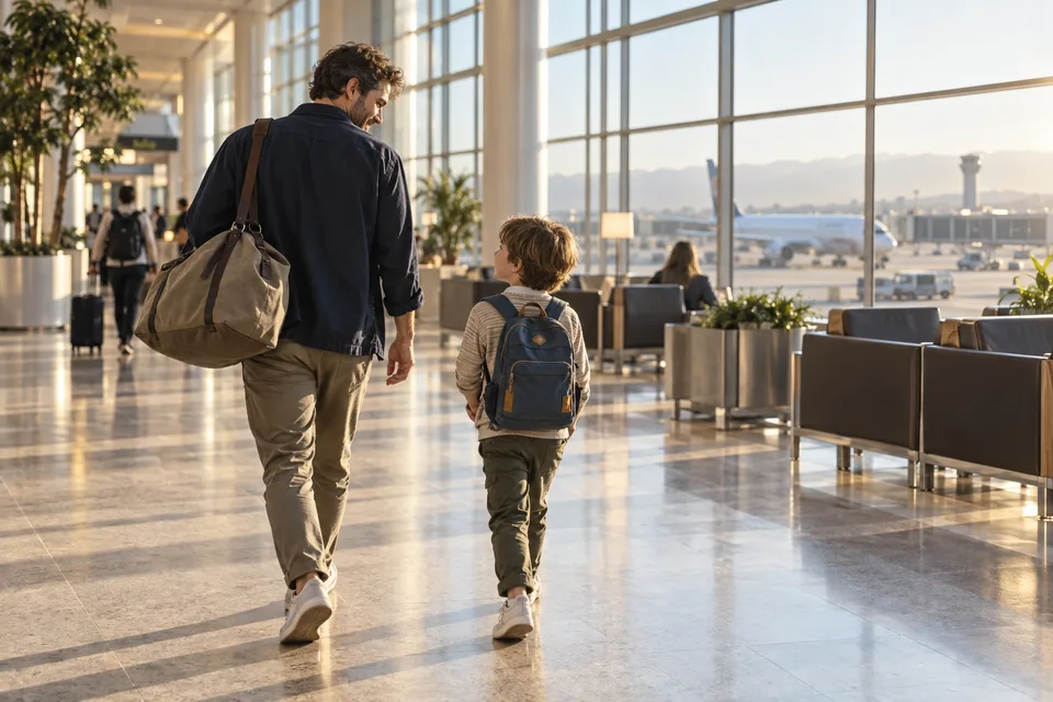 Illustrated scene: A father and child walking through an airport with their bags.