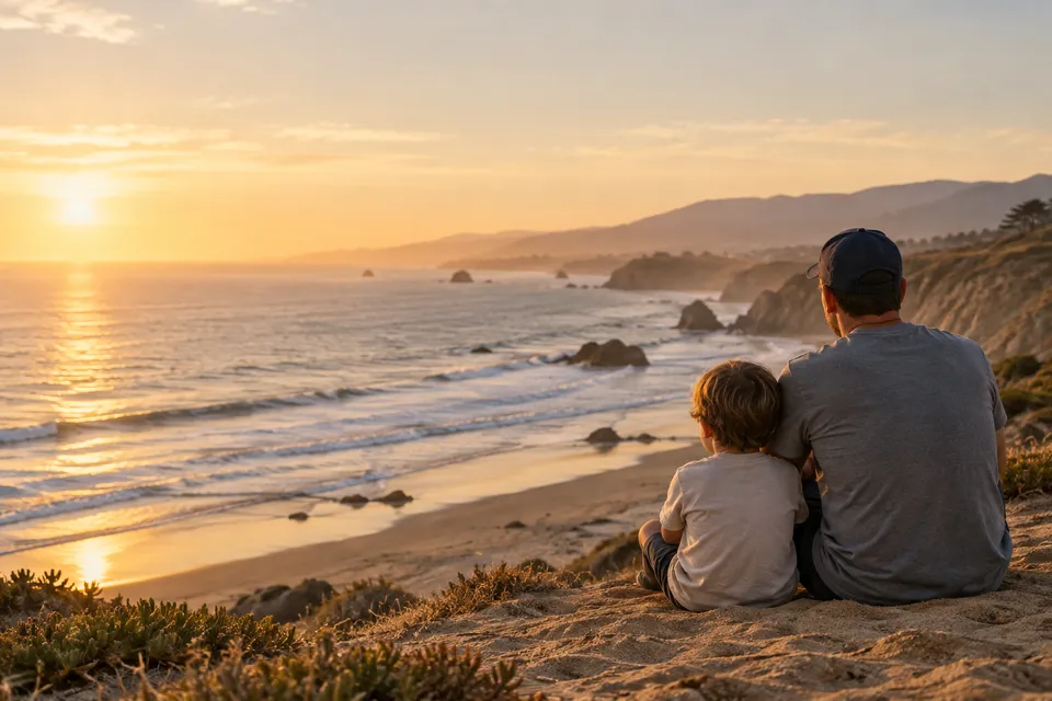 Generated editorial scene: a father and child looking out over the coast.
