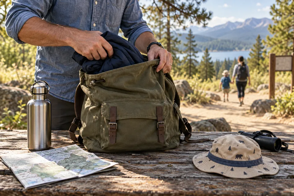 Illustrated scene: Packing a day bag at a picnic table before a family outing.