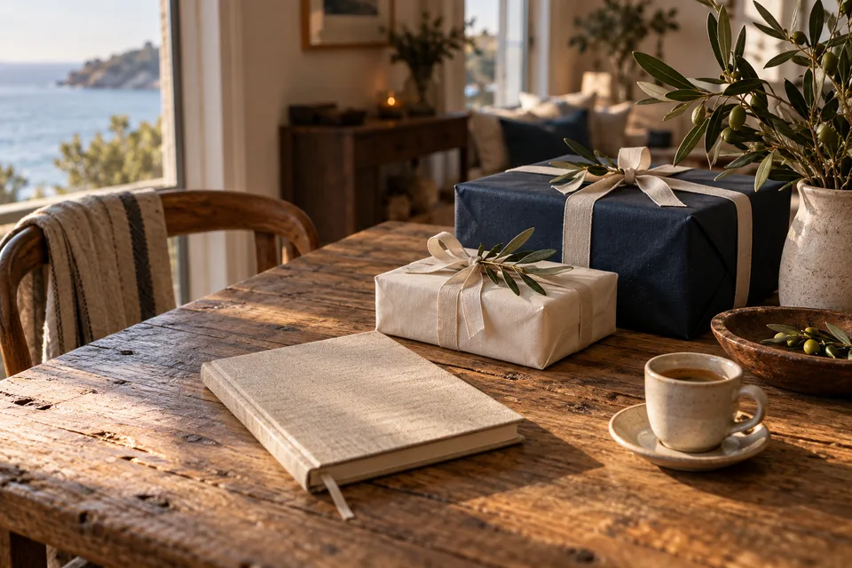 Illustrated scene: Thoughtfully wrapped gifts, a journal and coffee on a wooden table.