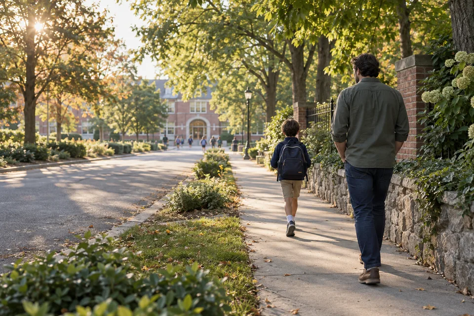 Illustrated scene: A father and child walking toward school along a leafy path.