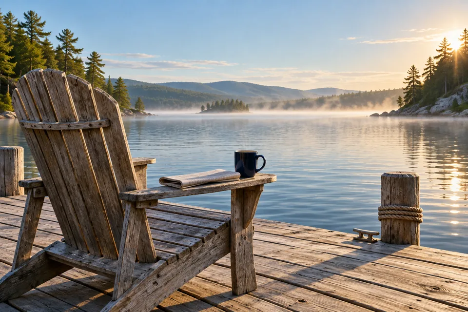 Illustrated scene: Coffee and a quiet chair overlooking a lake.