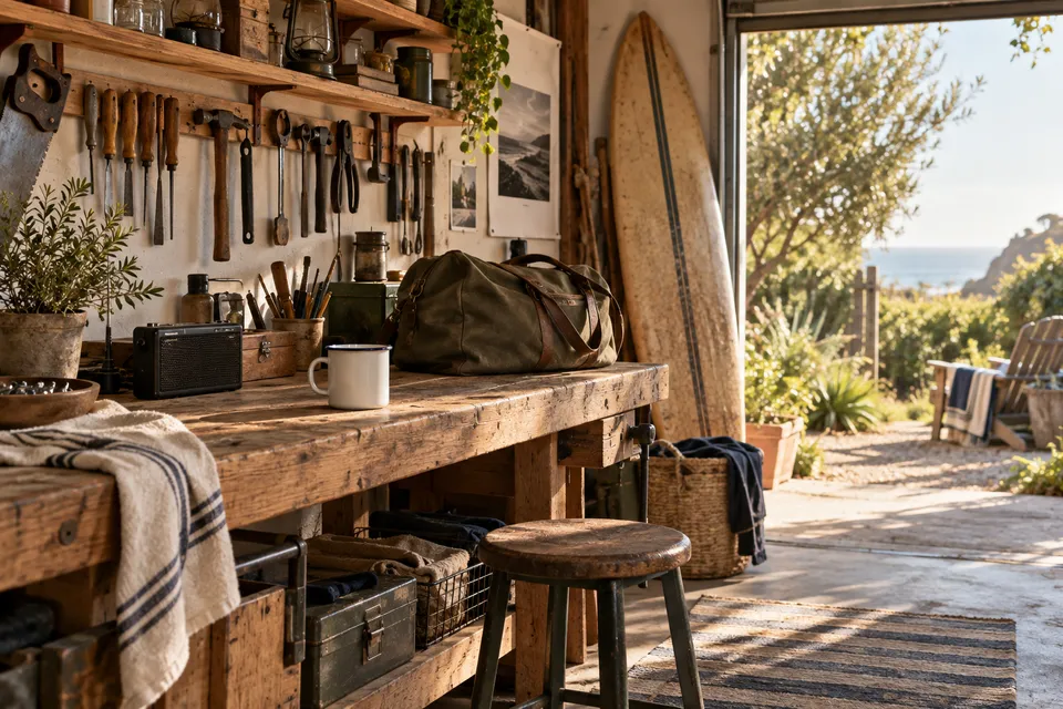 Generated editorial scene: a sunlit workshop, coffee, and a weekend bag.