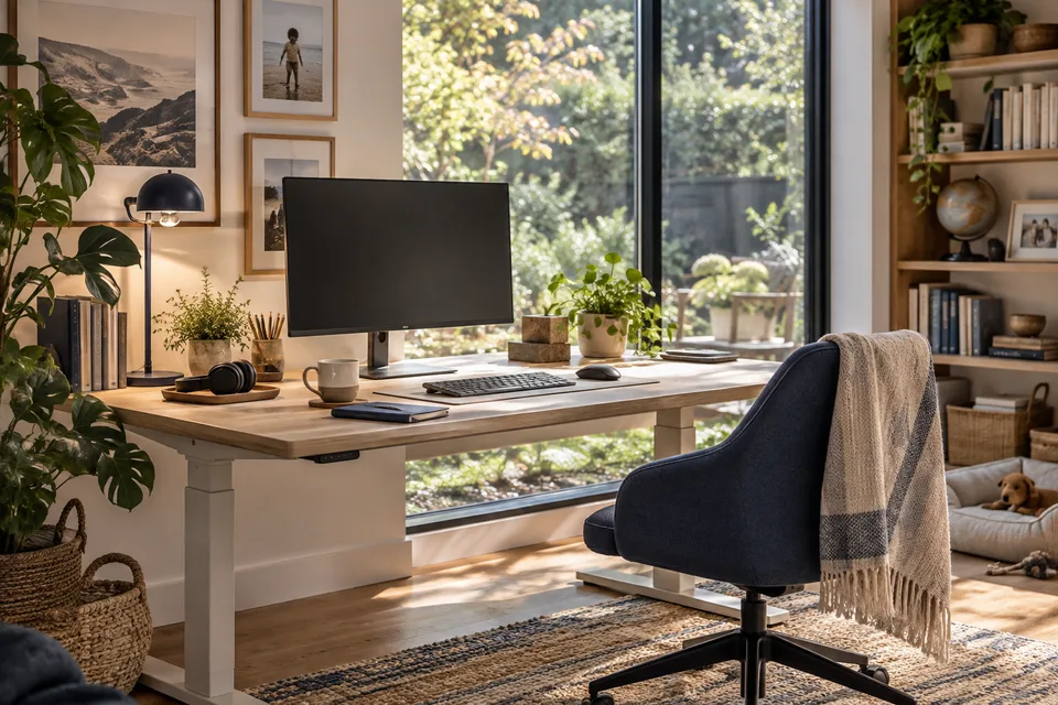 Illustrated scene: A sunlit home workspace with a desk, headphones and coffee.